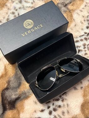 Versace Black and Gold Aviator Sunglasses with Case